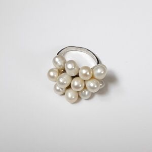 Vintage Faux Pearl Cluster Cocktail Ring Silver Tone Setting Boho Bohemian Gypsy